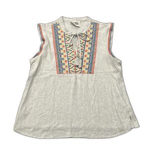 Savanna Jane Top Womens Large Embroidered Blouse Boho Tassels Linen Blend Beige